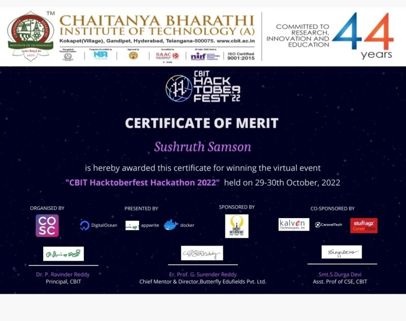 CBIT Hacktoberfest 2022 certificate of merit awarded to Sushruth Samson